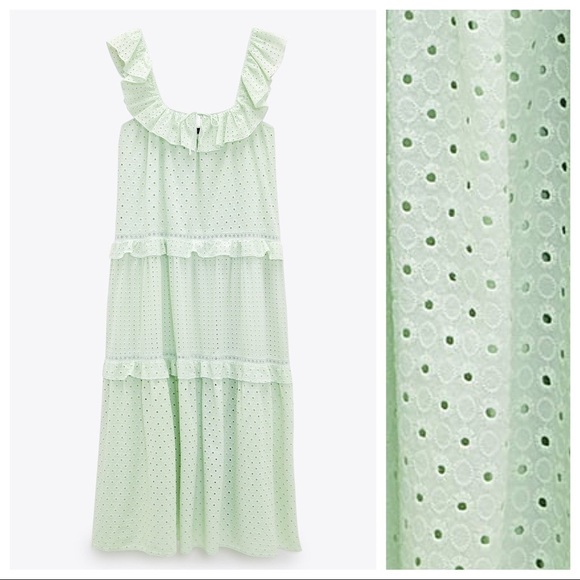 NWT. Zara Mint Green Open Work Embroidered Midi Dress. Size XS. - Picture 3 of 8